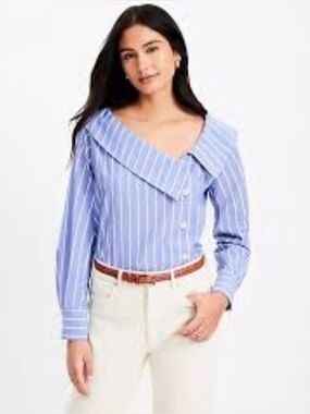 #580 LOFT Blue and White Striped Sailor Collar Button-Front Jacket